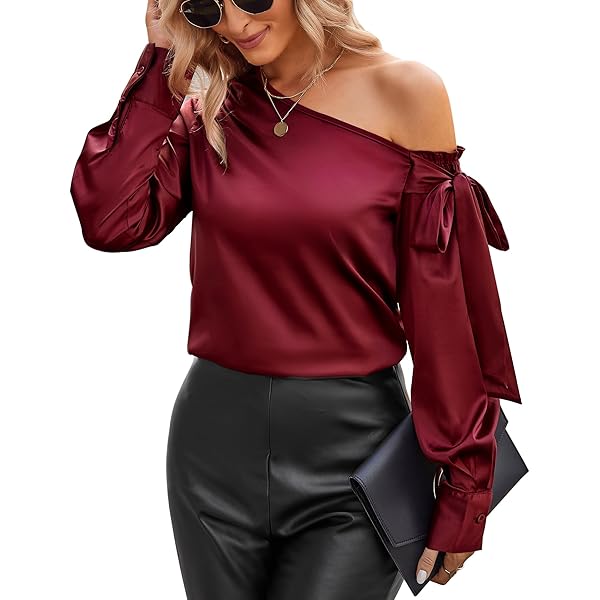 Funspread Womens Casual Off Shoulder Tops Silk Satin Shirt